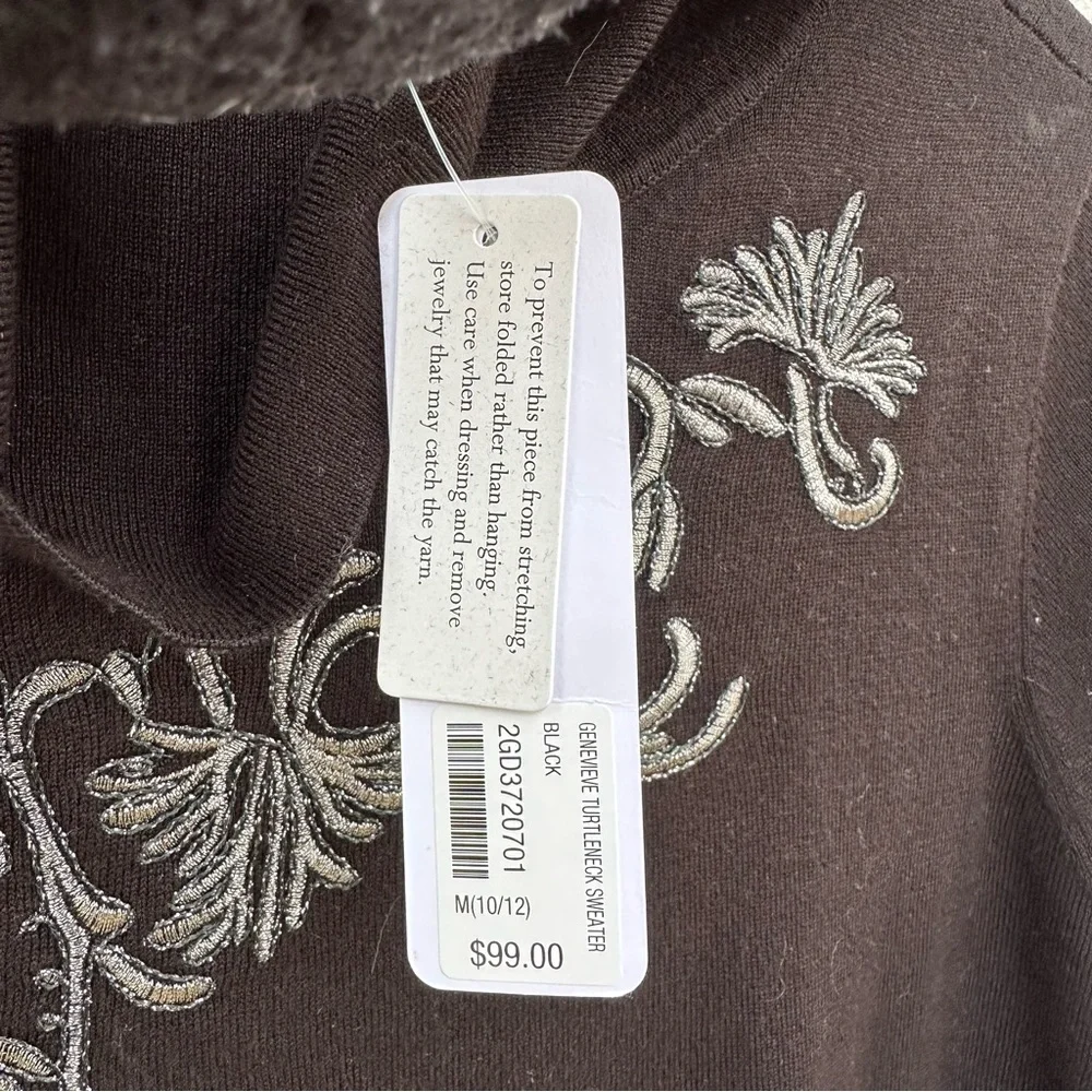 NWT Soft Surroundings Black Embroidered Turtleneck Sweater Metallic Floral Knit